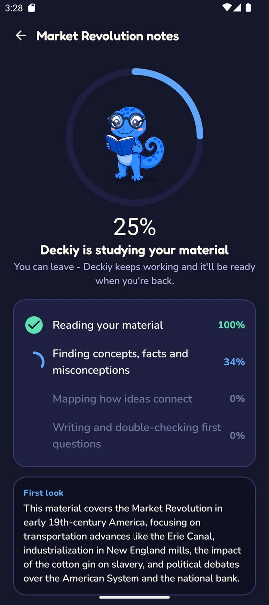 Deckiy reading a set of notes, with progress rings for each step