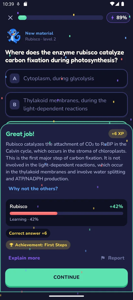 A correct answer with its explanation, XP and the concept's mastery going up